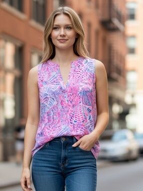 NWT Lilly pulitzer Dev knit top Razberry See you soon AOP Pink Medium